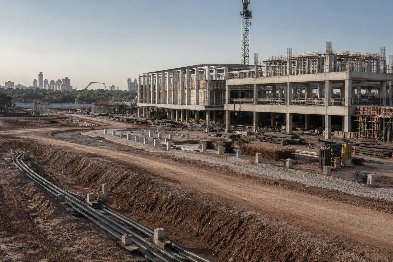 Empreendimento em desenvolvimento, com infraestrutura e estrutura de concreto em execução